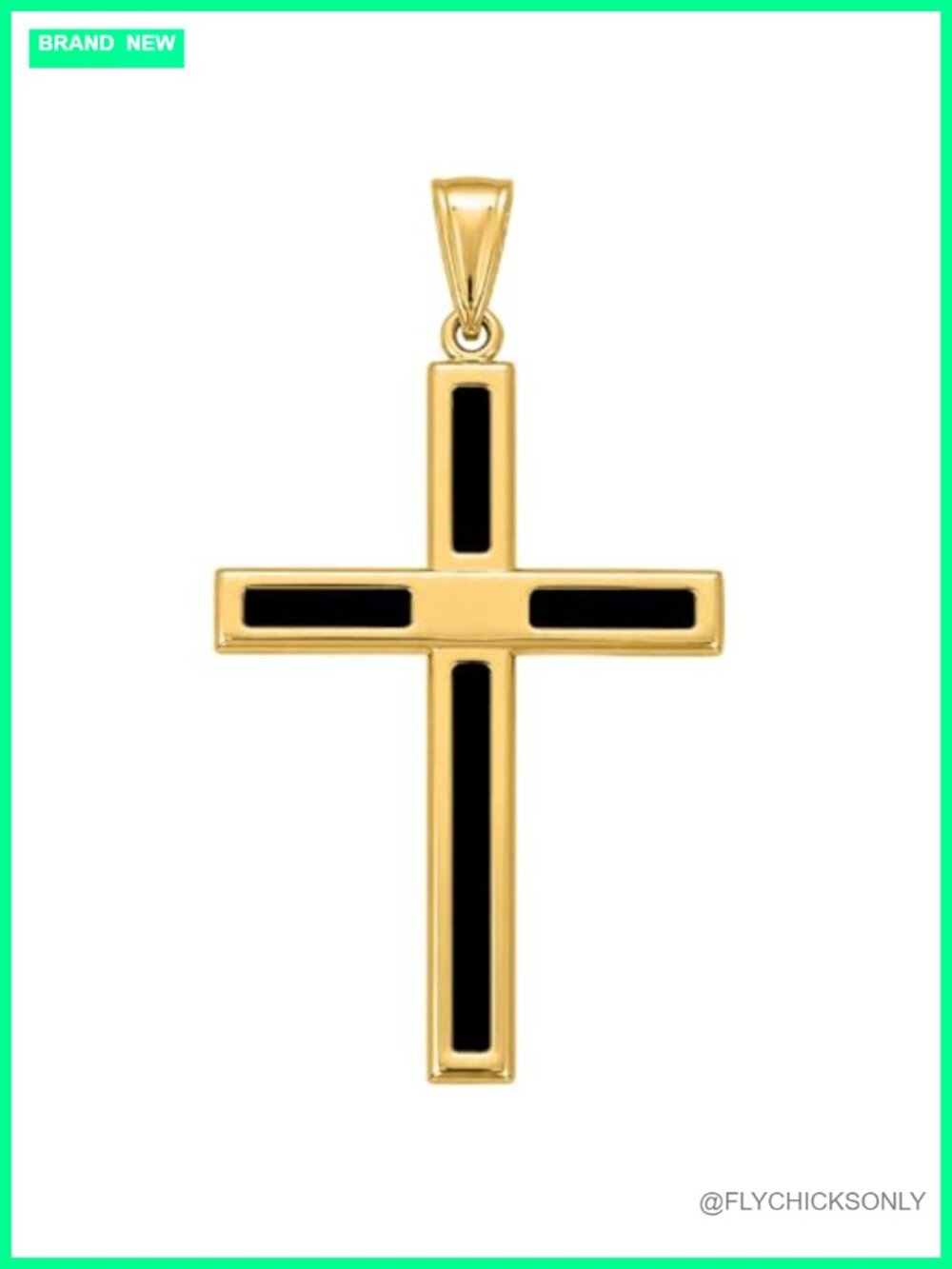 14K Yellow Gold Black Onyx Cross Pendant Necklace Solid Gold Religious